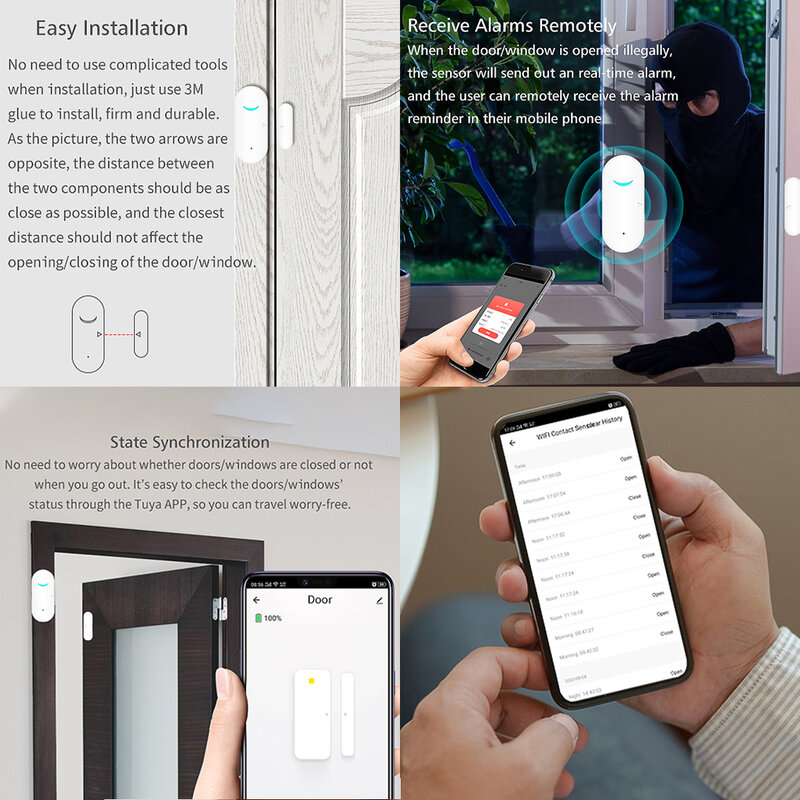 Tuya-Sensor inteligente de porta WiFi, detectores abertos e fechados, alarme doméstico, compatível com Alexa, Google Home, aplicativo Tuya