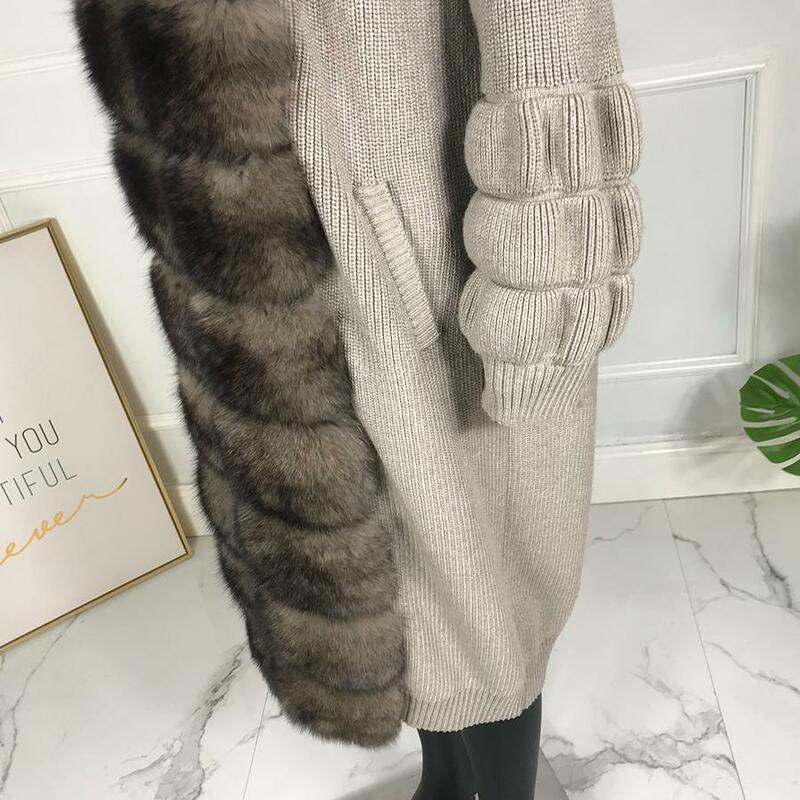 Lã capes longo cardigan cashmere malha camisola outono inverno feminino com real pele de raposa guarnições manga cheia