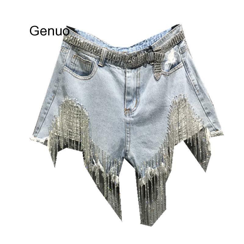 Женские джинсовые шорты Стразы с бахромой и завышенной талией, трапециевидные летние модные широкие джинсовые шорты, новинка 2020