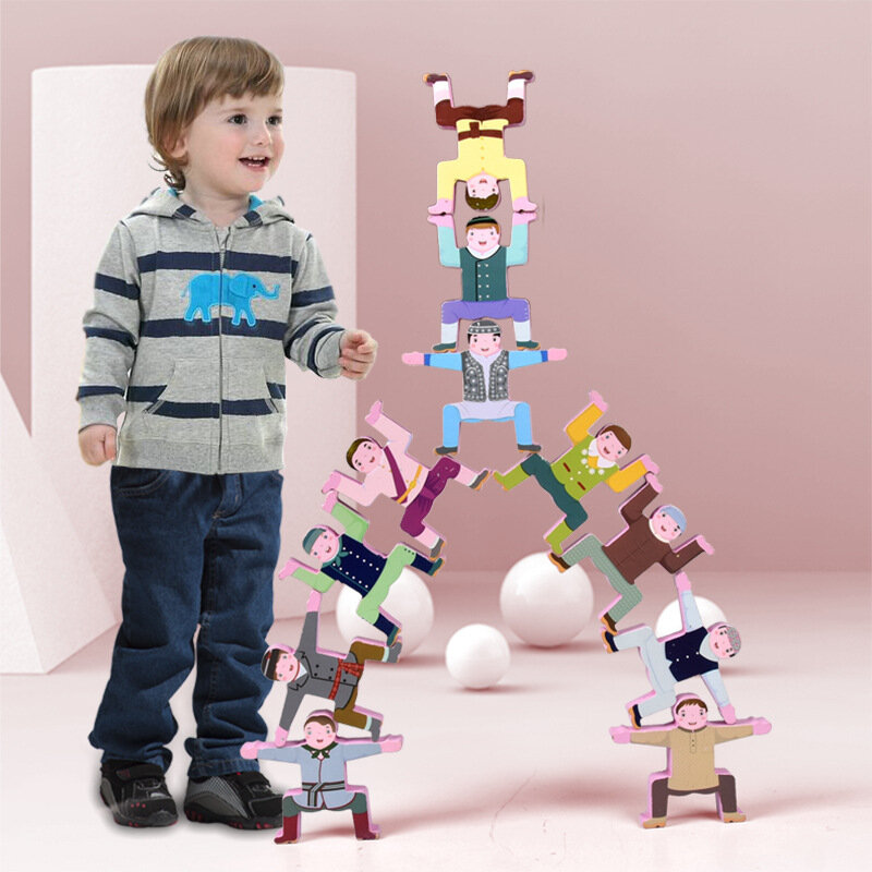 16PCSไม้Hercules Balanceบล็อกอาคารDIYซ้อนหยกไม้ของเล่นไม้เด็กของเล่นเพื่อการศึกษาเด็ก