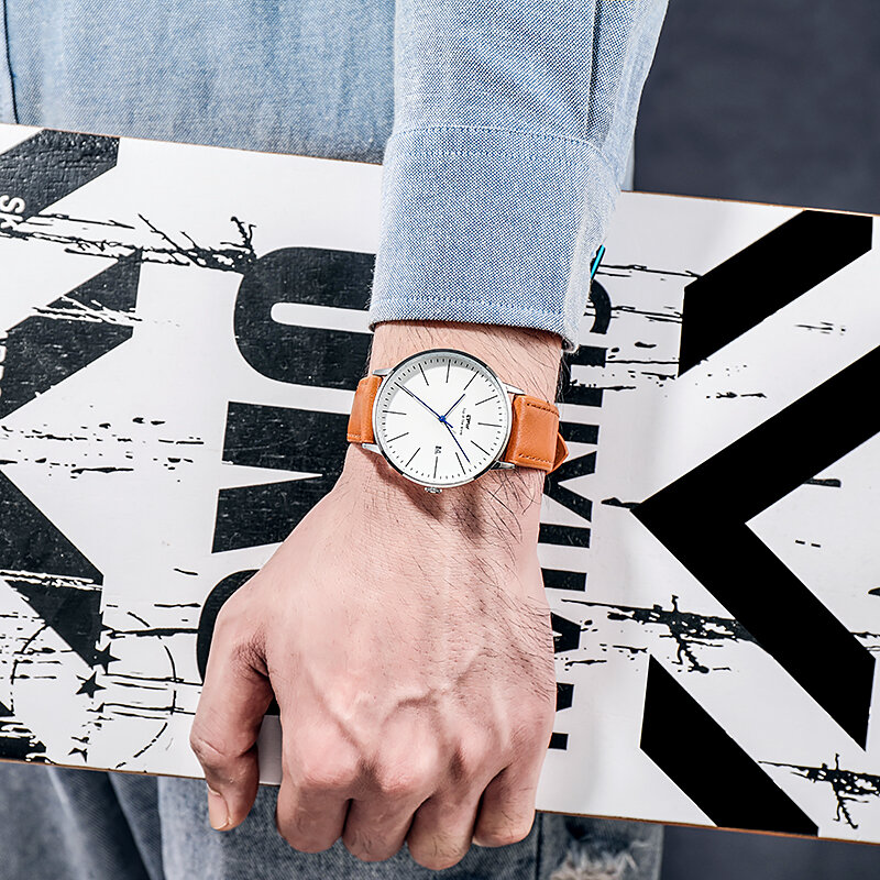 Reloj de negocios sencillo con ventana y fecha, movimiento japonés, batería de 3 años, correa de cuero PU