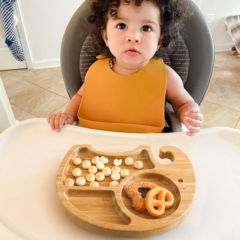 Mangkuk Makan Bayi Kayu Kartun Awan Gajah Bambu Peralatan Makan Anak-anak dengan Cangkir Isap Silikon Peralatan Makan Anti-panas