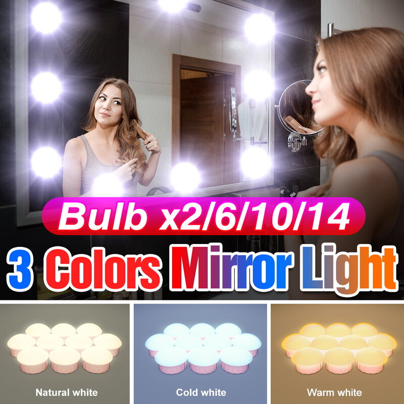 2/6/10/14 sztuk Led Lights toaletka lusterko kosmetyczne lampa 5V Hollywood Led do makijażu światło lustrzane żarówka 3 kolory USB Bombillas