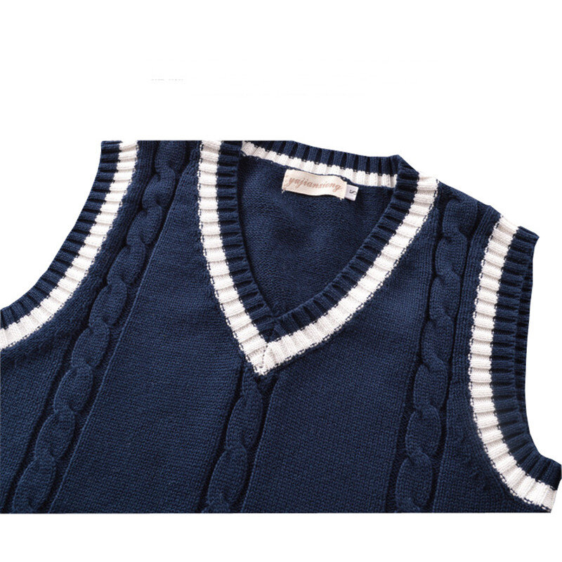 Men's Golf Vest V-Neck 100%cotton Striped Sleeveless Sweater Thick Clothes Autumn Preppy Style Vest Knitted Casual Male Sweaters