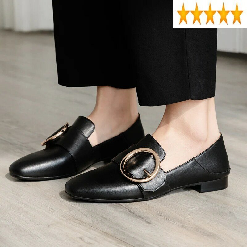 Loafers de alta qualidade real das mulheres primavera nova inglaterra estilo couro vaca elegante escritório senhora praça fivela sapatos planos
