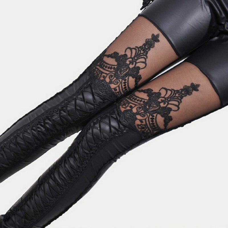 สไตล์เซ็กซี่ผู้หญิง Faux หนัง Gothic Punk Leggings กางเกงลูกไม้ผอมกางเกงเก้าจุดกางเกงหนังเข็มขัดเลียนแบบ A2E9