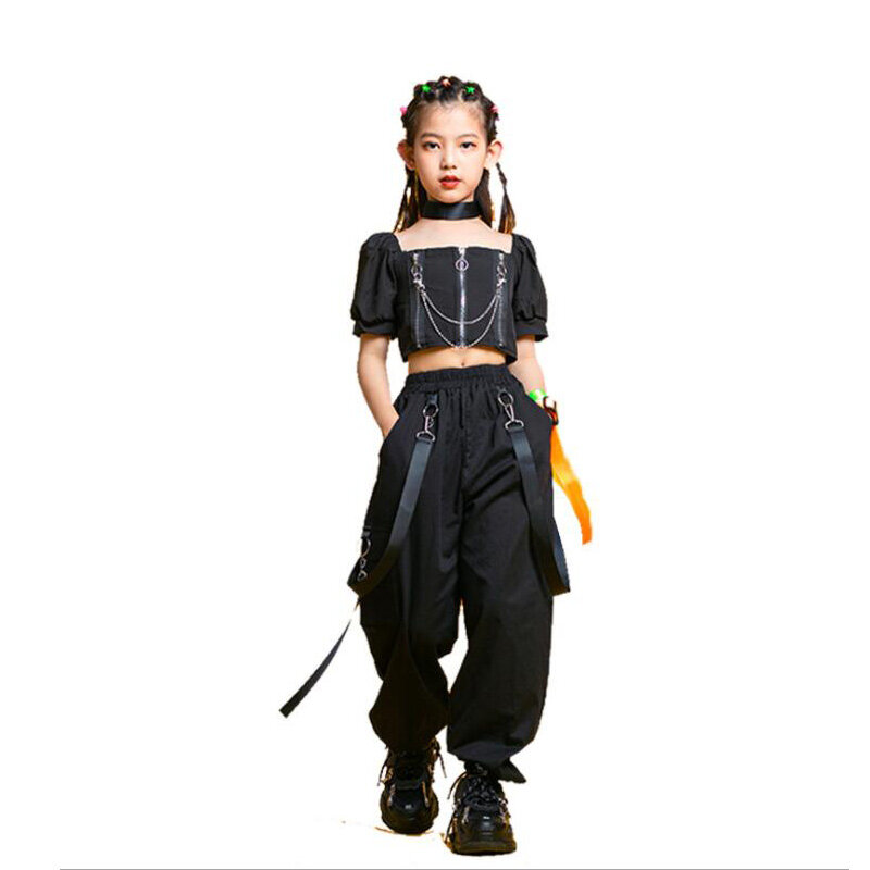 Pakaian Punk Hip Hop Anak-anak Kaus Potongan Lengan Puff Leher Persegi Celana Rok Jala Berlipat untuk Anak Perempuan Set Pakaian Kostum Tari Jazz