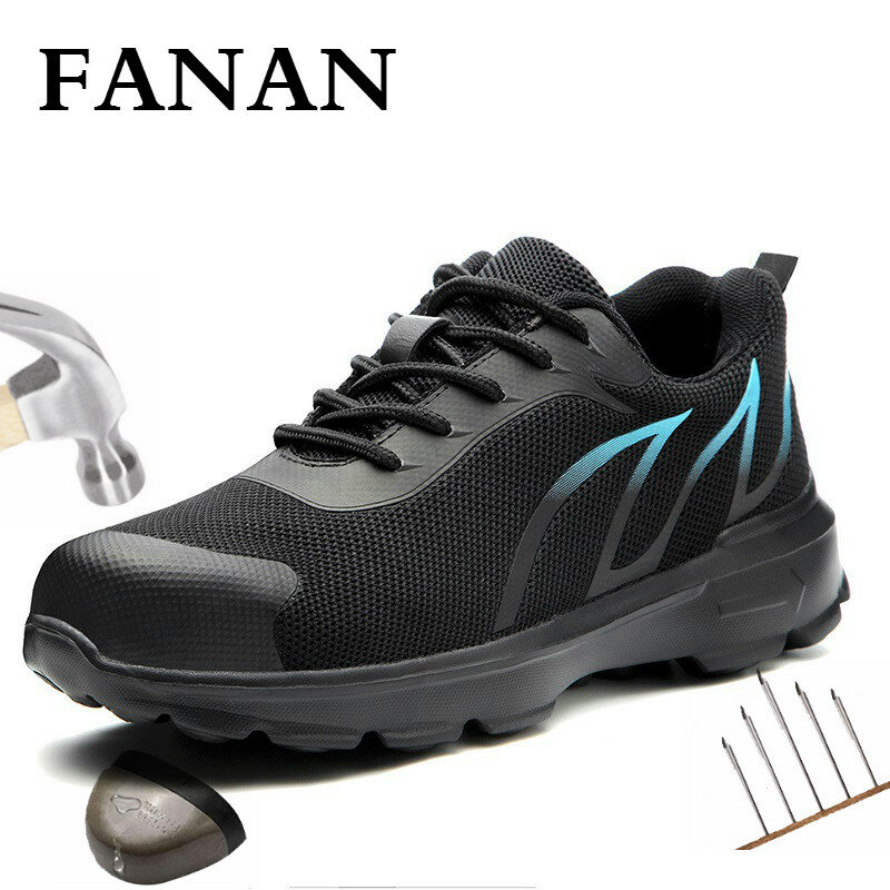 Fanan男性安全靴ブーツ通気性作業靴カジュアル通気性反射スニーカー鋼mid唯一メッシュ靴ビッグサイズ48