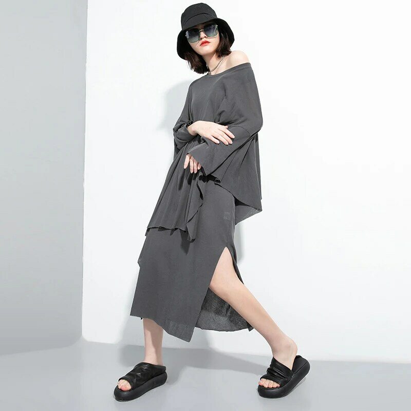 [EAM] 비대칭 벤트 두 조각 정장 새로운 라운드 넥 긴 소매 블랙 느슨한 여성 패션 조수 봄 가을 2020 1U052