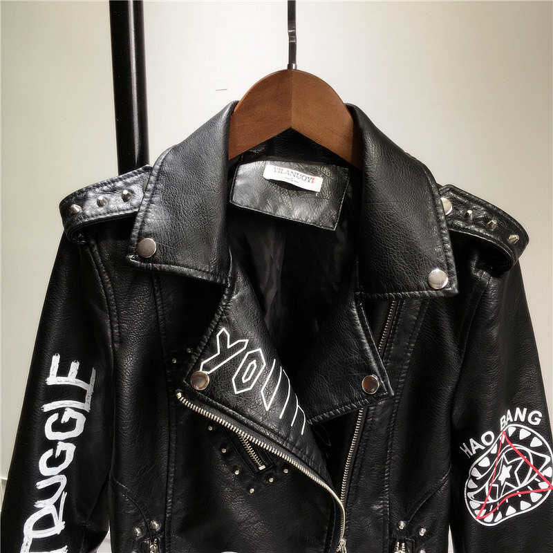 Nuova giacca in pelle PU moda donna Graffiti stampa morbida ecopelle cappotti donna moto Biker Punk Zipper giacche donna