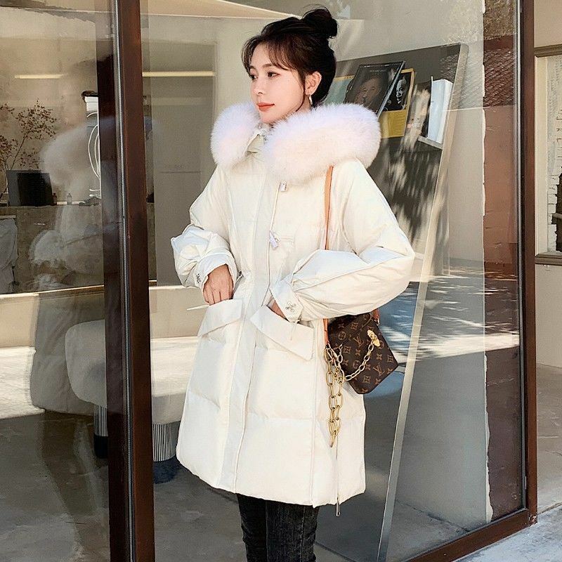 女性のミドル丈暖かいレインコート,白いダックダウンジャケット,暖かい冬の毛皮の襟,長袖,ふくらんでいるジャケット,新しいコレクション2021