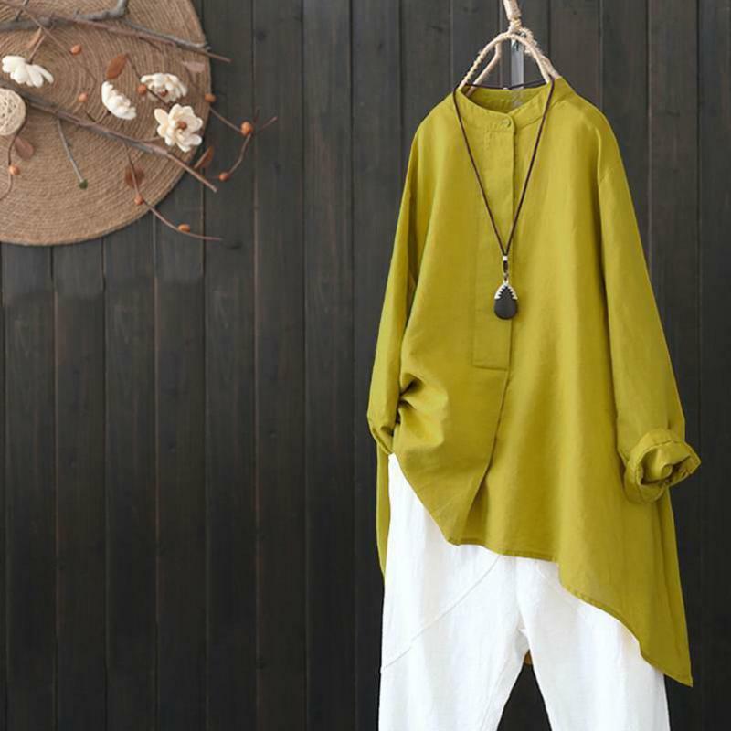 Womens Tops And Blouses Long Sleeve Solid Color Casual Cotton Linen Solid Color Irregular Hem Comfort Plus Size Women Shirt