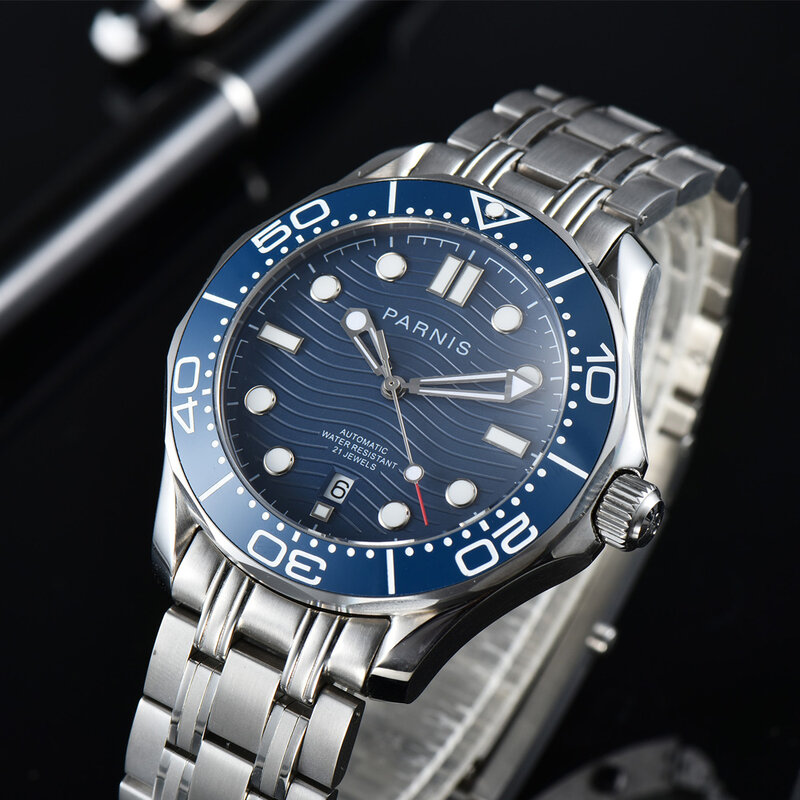 Nova chegada parnis 42mm azul rotativo bezel relógio automático mecânico masculino miyota 8215 movimento relógio de pulso 2021 com caixa presente