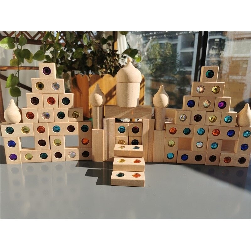 เด็กอะคริลิคประกายหินไม้อัญมณี Street Blocks ไม้ Montessori ของเล่นสายรุ้งคริสตัลอิฐอาคาร Play