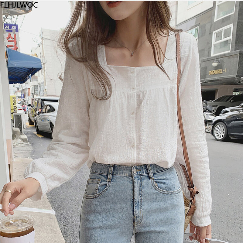 Tops de algodón para mujer, camisa básica de manga larga con botones, blusa Vintage de Corea, estilo japonés, otoño