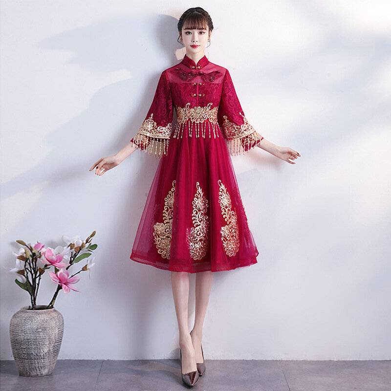 Chiński pokryte brzuch wino czerwone Cheongsam suknia ślubna poliester koronki Design z frędzlami sukienka z wysokim stanem dla kobiety w ciąży ZL638