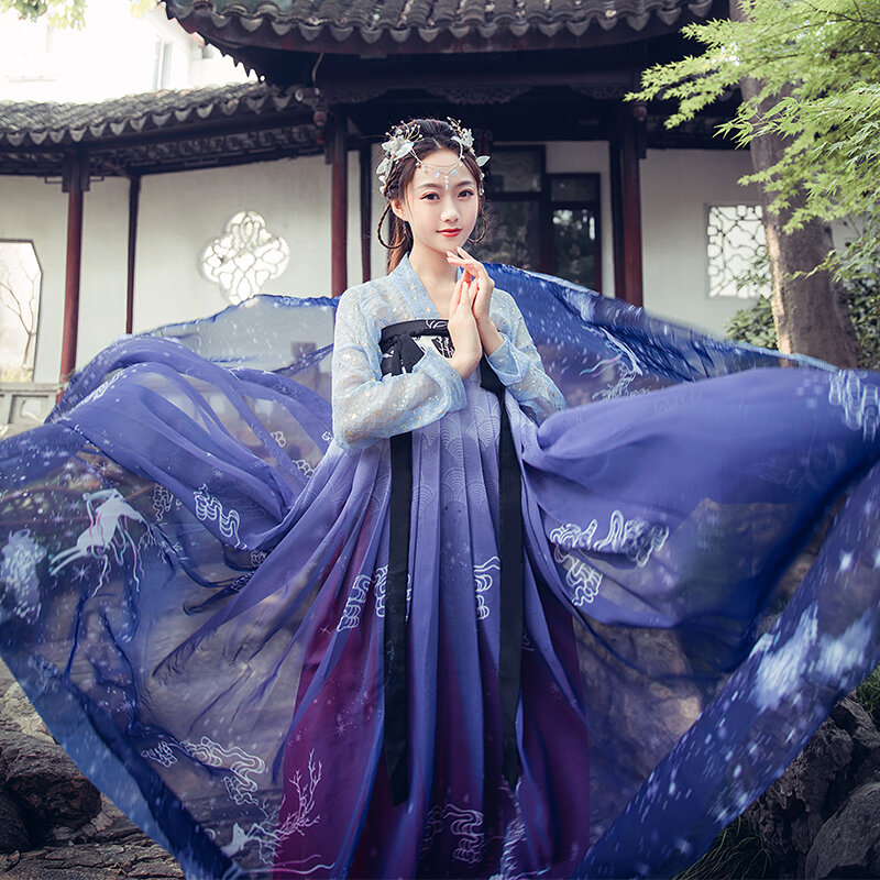 Vestido chino Hanfu azul bordado hanfu, vestidos de mujer estilo chino, trajes de Cosplay de baile folclórico, Kimono, ropa tradicional