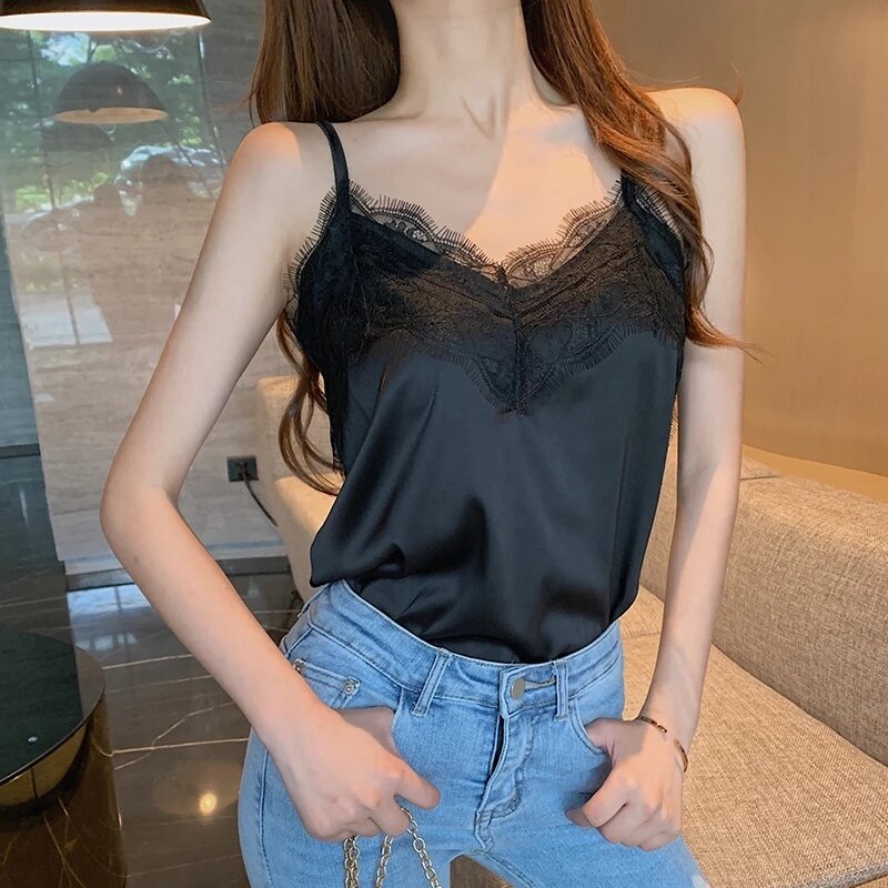 Sexy Lace Camisole Women Silk V-neck Tops Summer New Sleeveless Casual Tank Tops Female Slim Soft Satin Basic Tops Plus Size