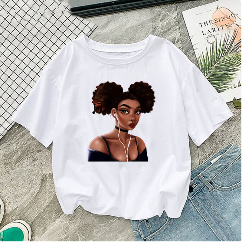 Melanin poppin shirt 보그 티셔츠 여성 블랙 아프리카 곱슬 머리 소녀 프린트 tshirt femme 하라주쿠 의류 여성 티셔츠 탑스