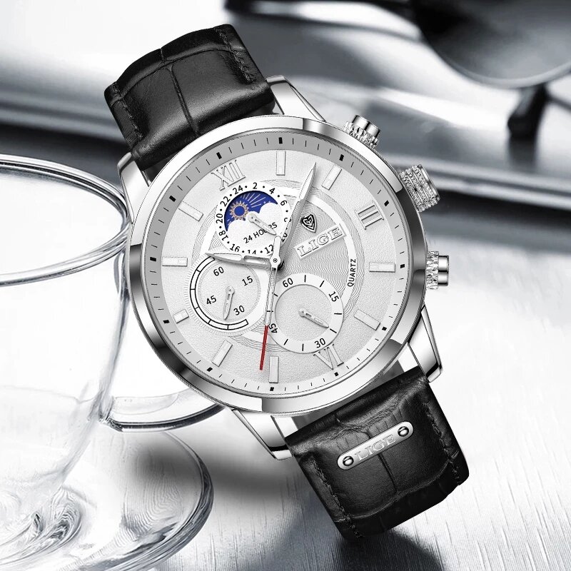 2023 LIGE mężczyźni zegarki marki luksusowe czarne skórzane wodoodporne sportowe kwarcowy z chronografem zegarek wojskowy mężczyźni zegar Relogio Masculino