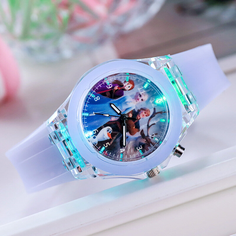 여아용 디즈니 겨울왕국 공주 시계, 아이샤 어린이 야광 엘사 시계, 어린이 학교 학생 실리콘 다채로운 조명 시계