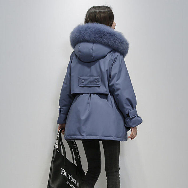 女性の冬の綿のコート韓国のゆったりとしたジャケット,フード付きの毛皮のような形,厚くて暖かい長い衣服