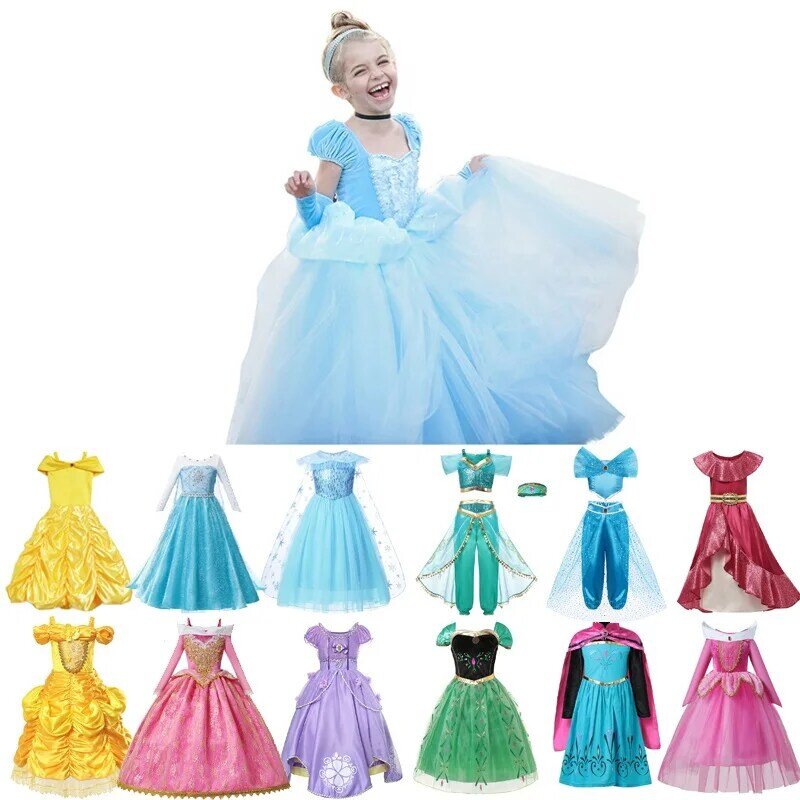 MUABABY 25 Styles Princess Fancy Dress Up for Girls Elsa Anna Sofia Cinderella Snow White Aurora Jasmine Halloween Party Costume
