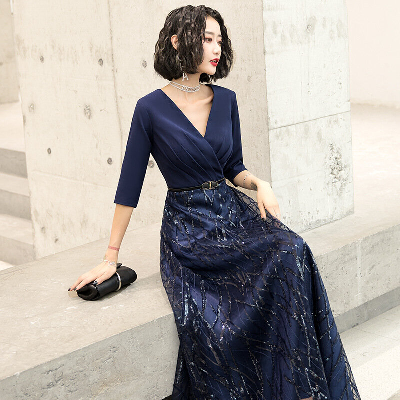 ชุดราตรีอย่างเป็นทางการสำหรับผู้หญิงคอ V Sequins Slim ยาวชุดราตรีพลัสขนาดหญิงสีน้ำเงินเข้มพรหม vestidos