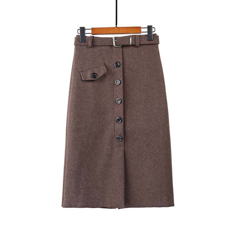 Falda de tubo de lana cálida para mujer, Falda Midi ajustada de cintura alta con botones y cinturón, para otoño e invierno, 2021