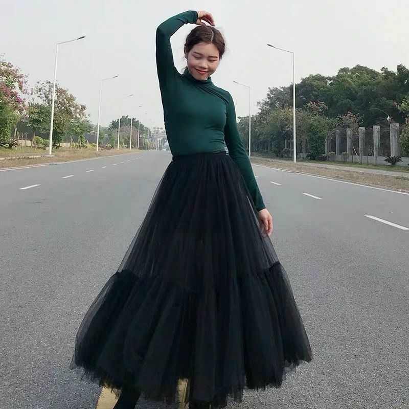 Damska plisowana spódnica z tiulu czarna siatka wysokiej talii długie spódnice Maxi Faldas Mujer Moda 2020 Jupe spódnice Vintage Q663