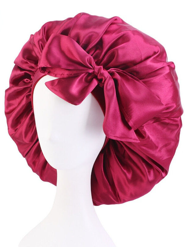 New Extra Large Silk Satin Sleeping Bonnets For Women Solid Bowknot Long Curly Hair Bonnet Black Women Beauty Hair Care Headwear