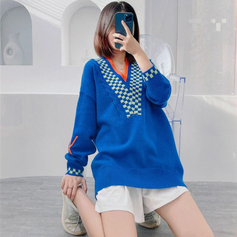 女性用長袖セーター,ゆったりとしたニット,Vネック,ブルー,2021コレクション