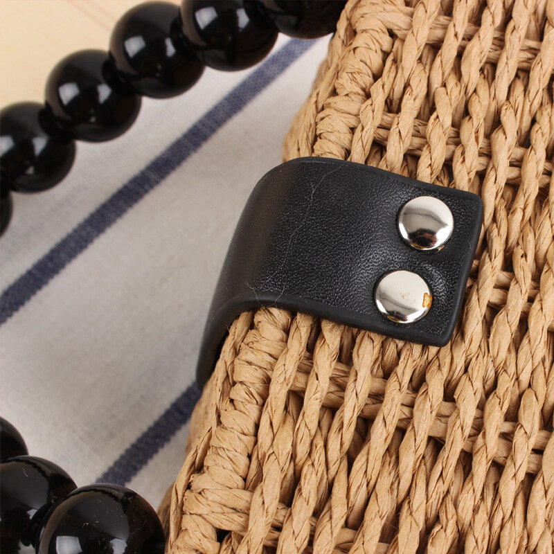 16x16CM New Lovely Wooden Beads Handbag Woven Bag Summer Beach Natural Style Metal Lock Shoulder Straw Bag a7144