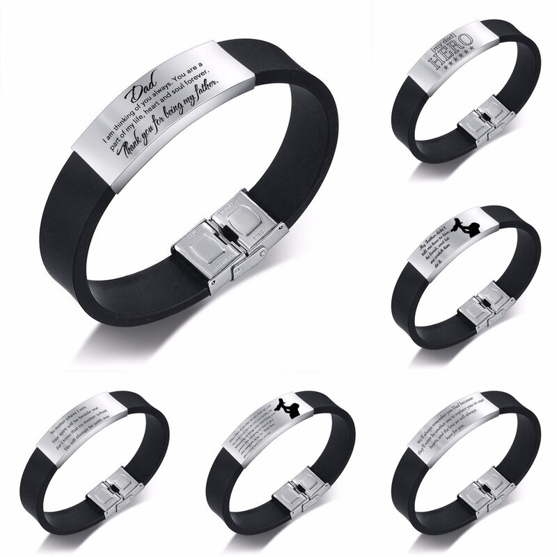 Vnox-Bracelet en Silicone souple pour homme, cadeau de fête des pères, longueur réglable, barre d'identification en acier inoxydable, Bracelet à graver personnalisé