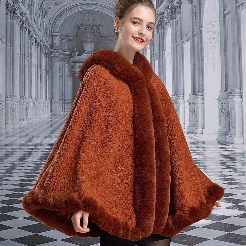 Mantel ponco longgar kerah bulu kelinci wanita, selendang mantel panjang dengan topi Pendulum besar luar ruangan musim dingin