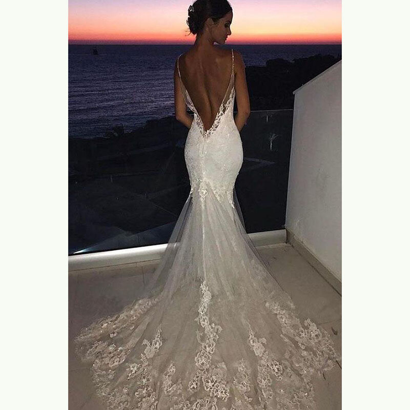 Vestido de noiva estilo sereia, sexy, branco, com renda, abertura nas costas, alças espaguete, apliques, elegante, vintage