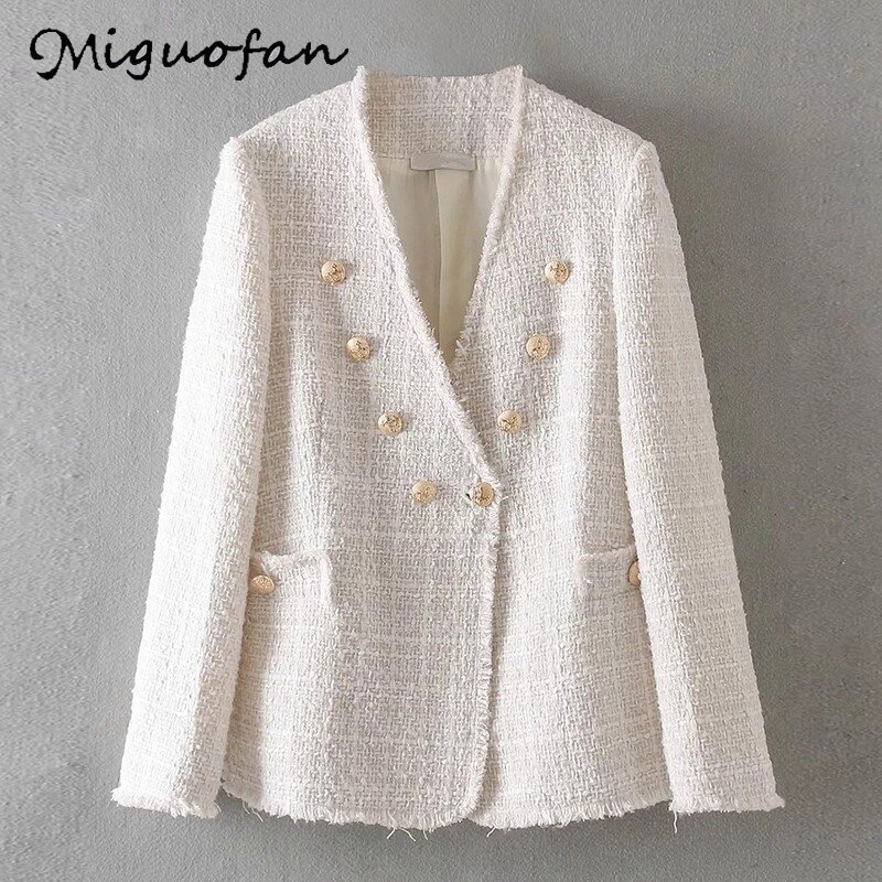 Miguofan Lurex tweed białe kobiety blazers płaszcz jesień marynarka biurowa elegancki zimowy seksowny żakiet z dzianiny dresowej znosić kurtki płaszcz 2020