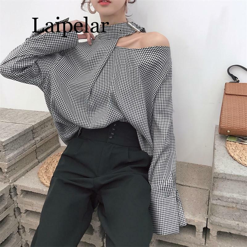 Blusa holgada informal de manga larga con cuello Halter para mujer, camisa a cuadros, moda Vintage coreana, 2020