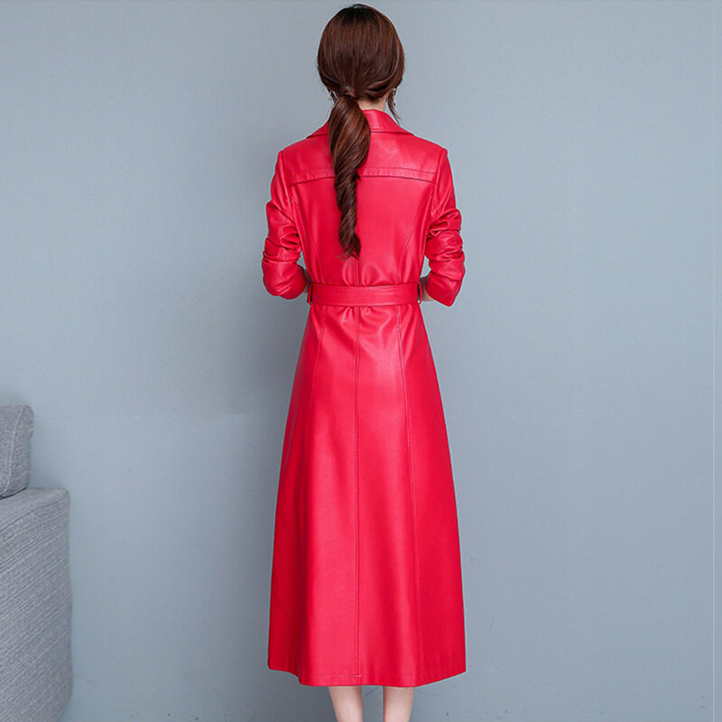 M-7XL 새로운 두꺼운 양가죽 코트 여성 가을 겨울 년 패션 모피로 된 옷깃 더블 브레스트 플러스 코튼 라이너 날씬한 긴 가죽 코트