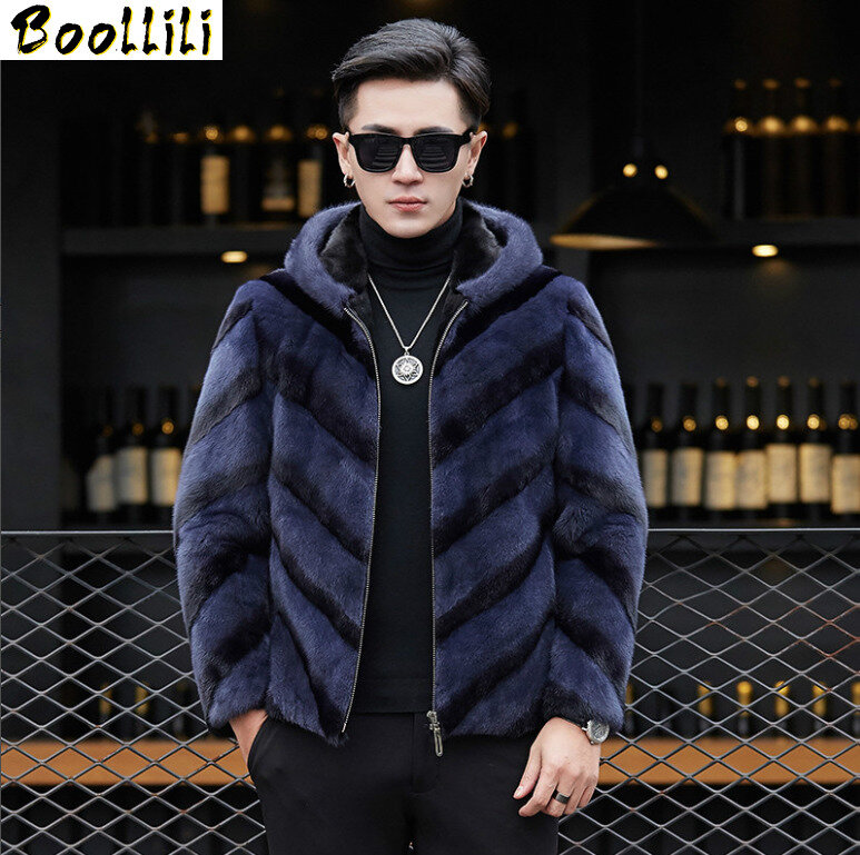 Casaco de vison boollili dos homens com capuz casaco de pele real jaqueta de inverno 100% natural pele de vison casacos de luxo masculino