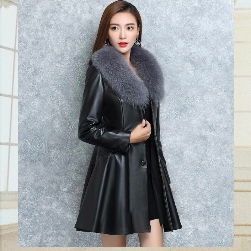 2023 nowe damskie jesienno-zimowe kurtki ze sztucznej miękkiej skóry płaszcze damskie czarne suwak eleganckie kołnierz ze sztucznego futra Plus Size skórzana kurtka