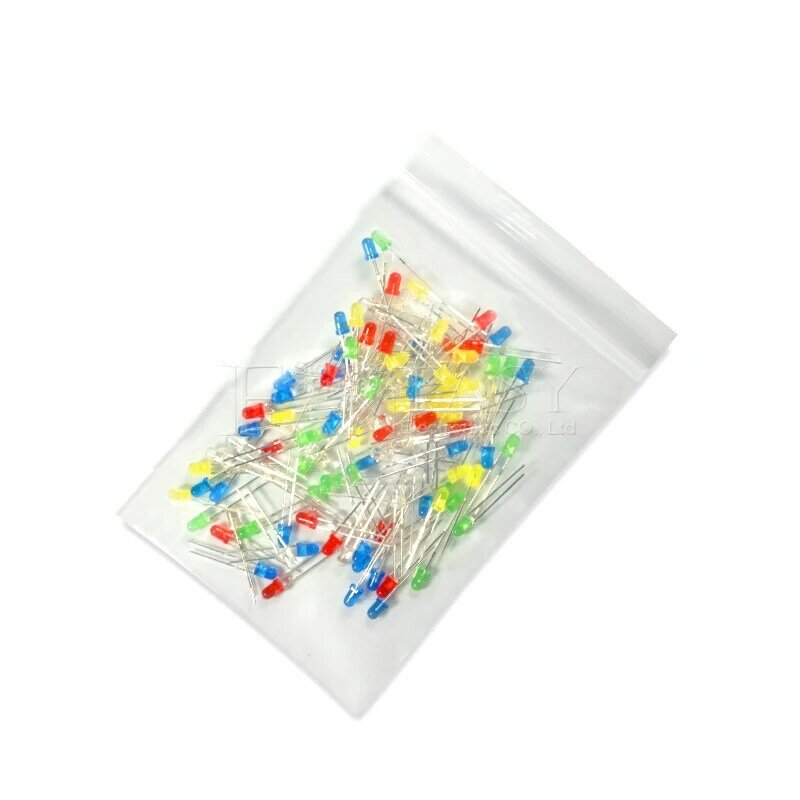 Assorted LED diodo kit de luz, branco, amarelo, vermelho, verde, azul, componente, DIY, novo, original, 3mm, 5 cores x 20pcs = 100pcs