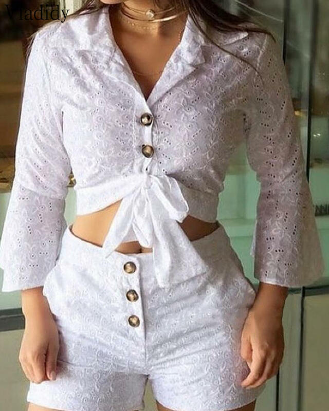 Women 2pcs Suit Casual Flared Sleeve Buttons Long Sleeve Top and High Waist Embroidery Shorts Set