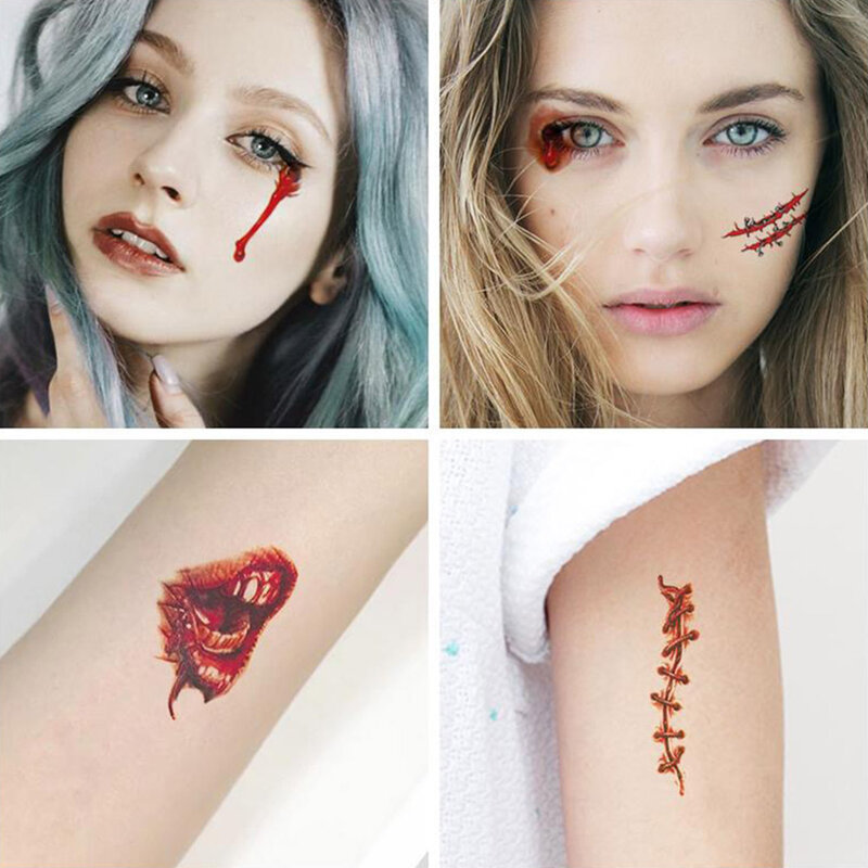 2Pcs Halloween Zombie Scars Tattoos With Fake Scab Bloody Makeup Halloween Decoration Wound Scary Blood Injury Sticker
