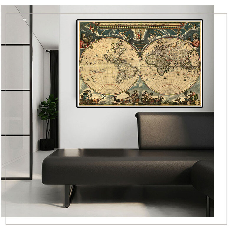 Póster Vintage con mapa del mundo para niños, pintura sobre lienzo, arte de pared, imagen, suministros educativos, decoración del hogar, 84x59cm