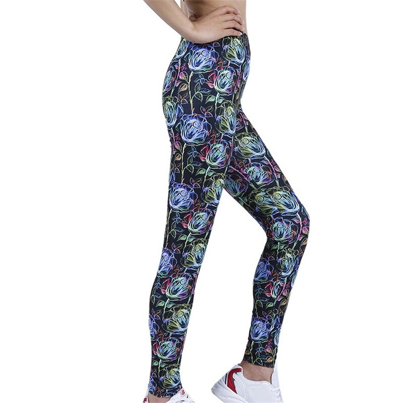 YRRETY Stretchy Sports Fluorescent Rose Flowers Leggings High Waist Compression Tights Push Up Running Women Gym Fitness Pants