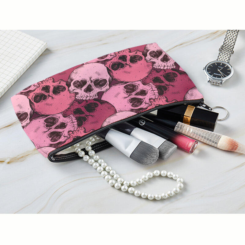 Bolsa cosmética com impressão de crânio para mulheres Bolsa de maquiagem personalizada Bolsa de armazenamento de viagem portátil Casos de organizador de batom