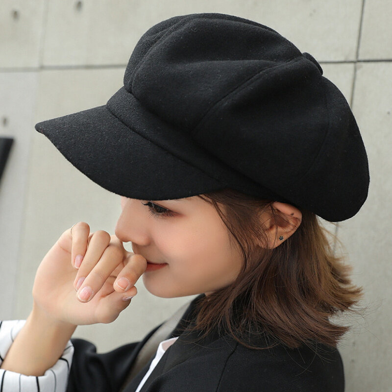 Casquette «Newsboy» en laine pour hommes et femmes, chapeau décontracté, uni, octogonal, béret de peintre, automne, hiver