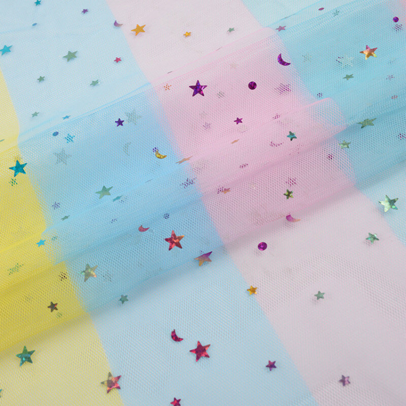 Tela de malla de impresión de arco iris estrellas Luna láser lentejuelas tela DIY manualidades ropa tela de fiesta por metro Material