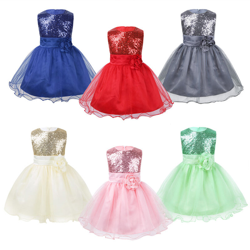 Infant Baby Girls Sequins Mesh Flower Tulle Dress Princess Pageant Wedding Birthday Party Mesh Flower Chiffon Formal Dress